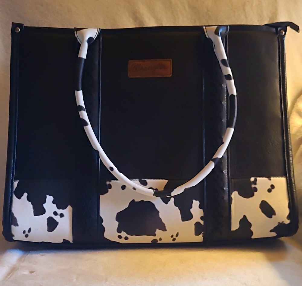 Wrangler/Montana West Tote Bag Western Cow Print Black Faux Leather Large Purse